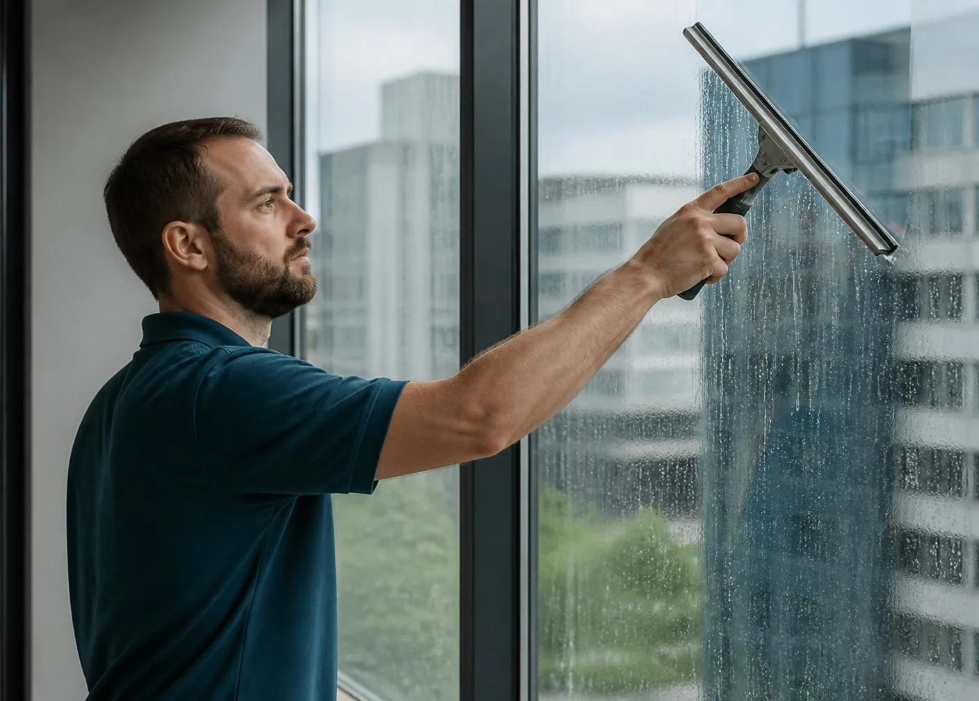 Mitarbeiter reinigt eine große Bürofensterscheibe mit einem Abzieher